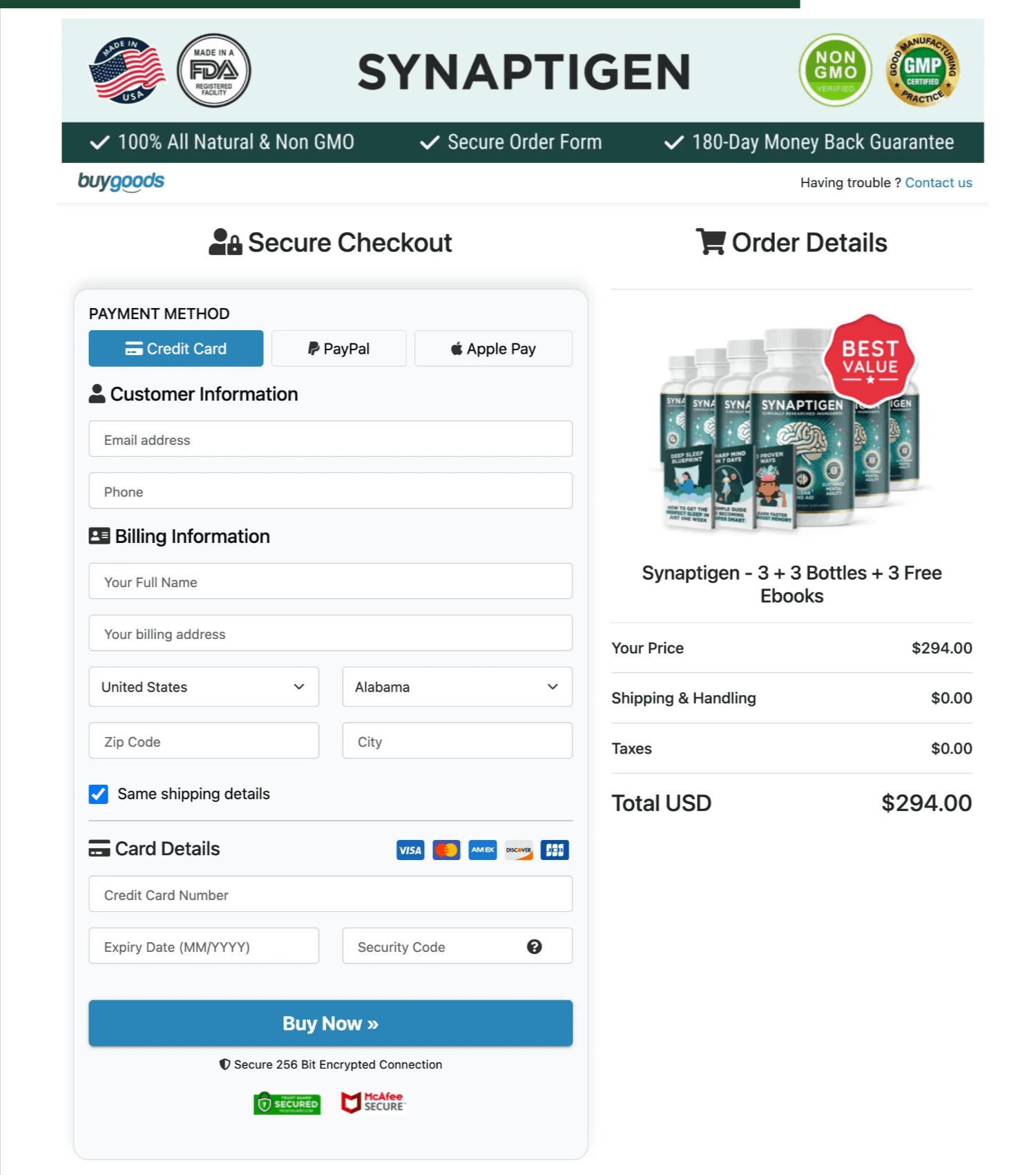 Synaptigen Checkout page